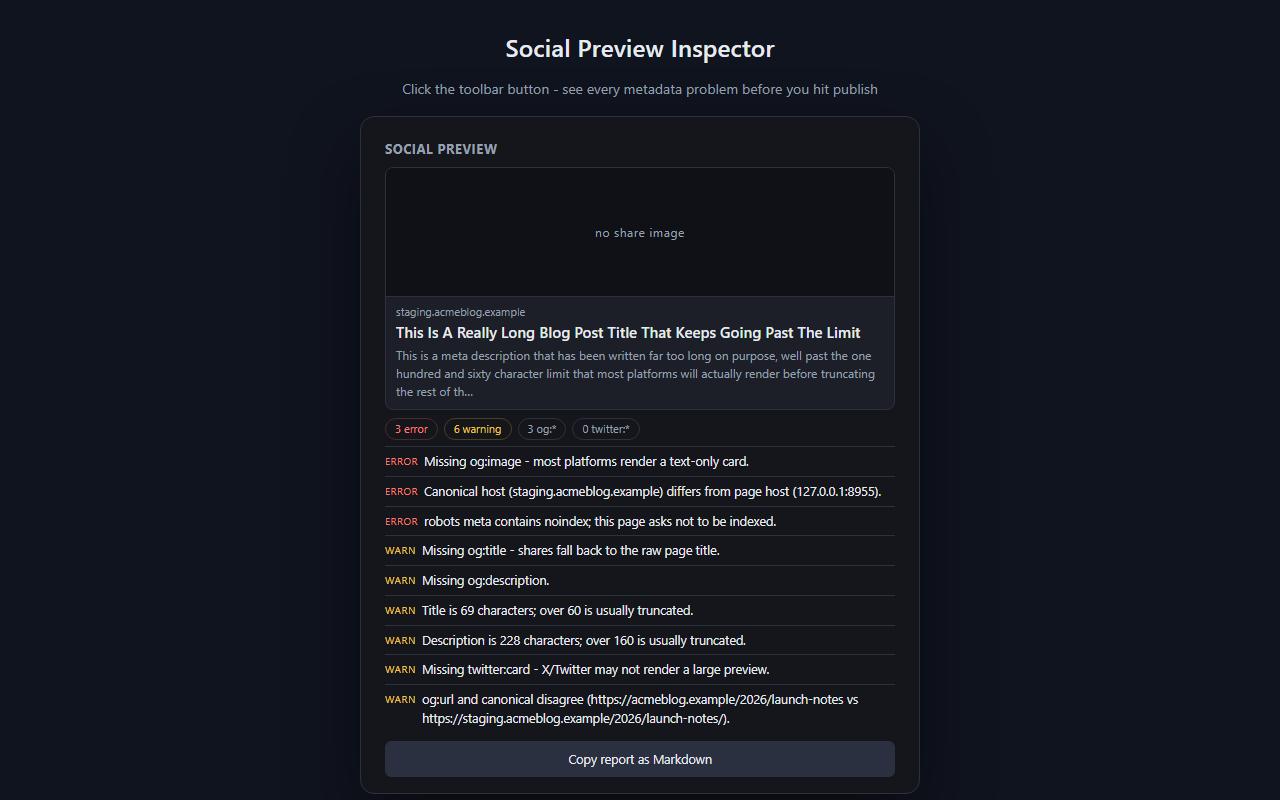 Social Preview Inspector in use
