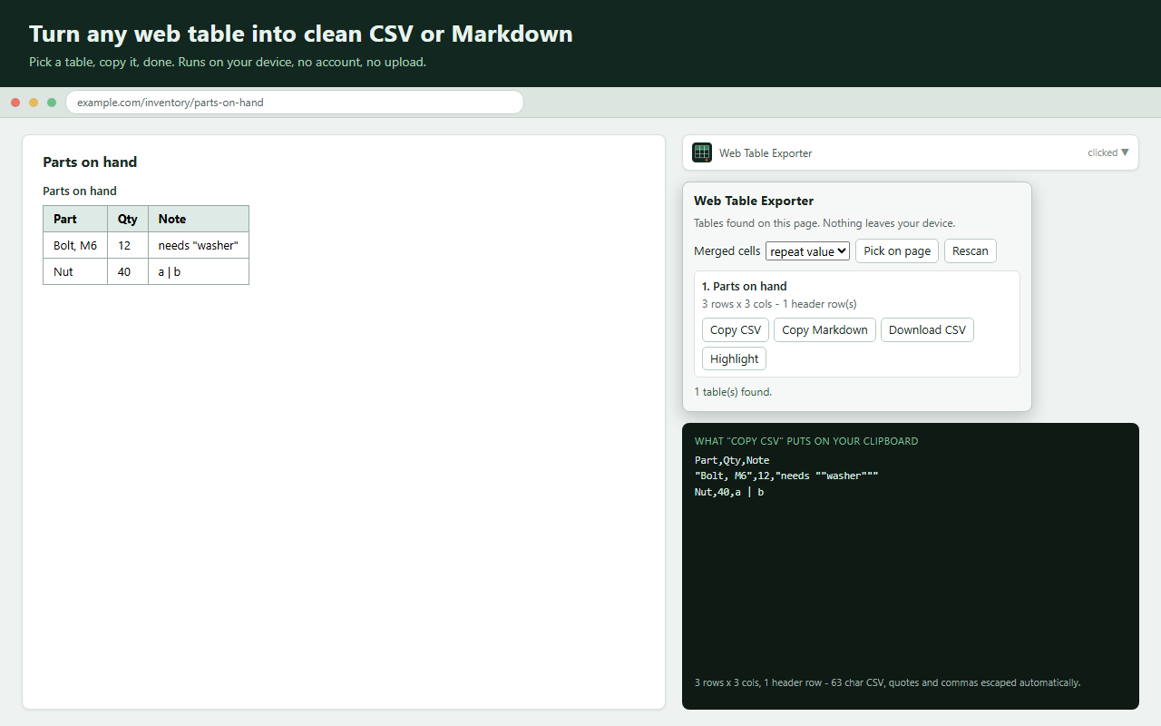 Web Table Exporter in use